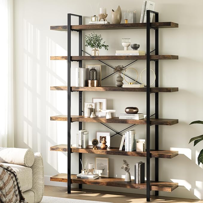 Heavy Duty 6-Tier Industrial Bookcase, 120lbs Shelf Capacity, Rustic Open by OtterOasis