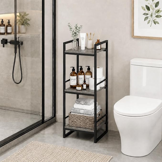 BYFU 3 Tier Bathroom Storage Open Shelf Grey Metal Corner Storage Rack | 33.5" - Image 2
