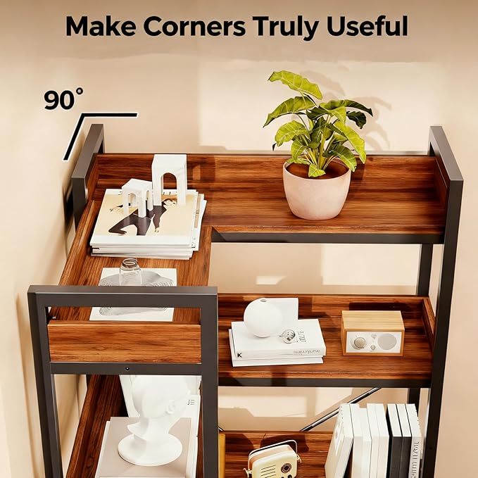 HealSmart 5 Tier L Shape Bookshelf, Industrial Wooden Bookcase - Image 7