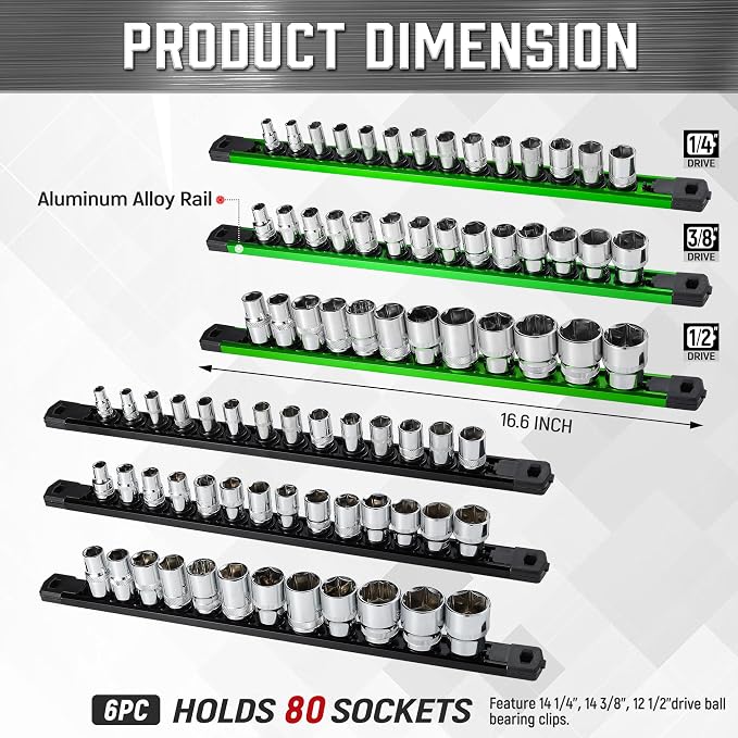 ALOANES 6-Piece Magnetic Socket Organizer, Heavy Duty Aluminum Socket Rails - Image 2