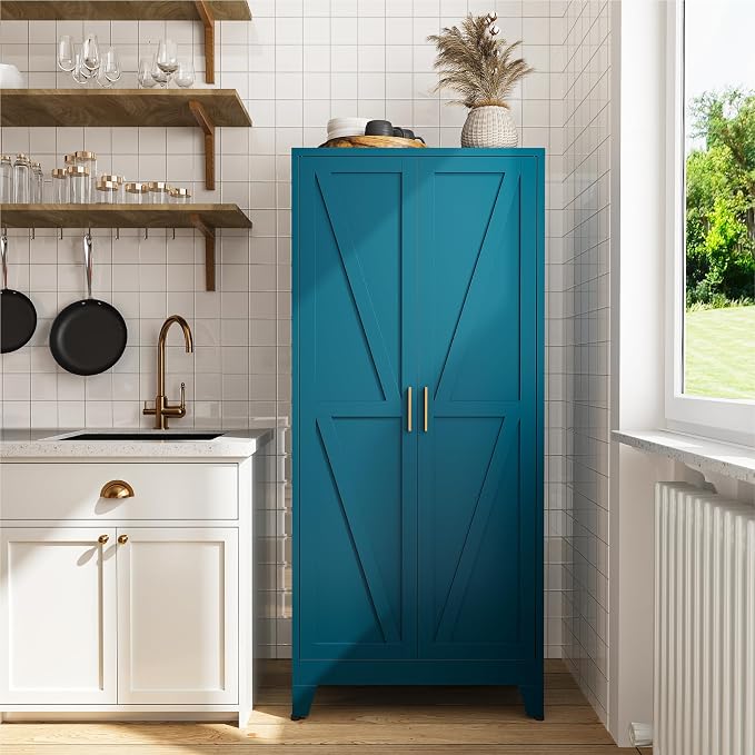 COFaR 61" Metal Pantry Cabinet in Peacock Blue, Farmhouse Storage Cabinet - Image 4
