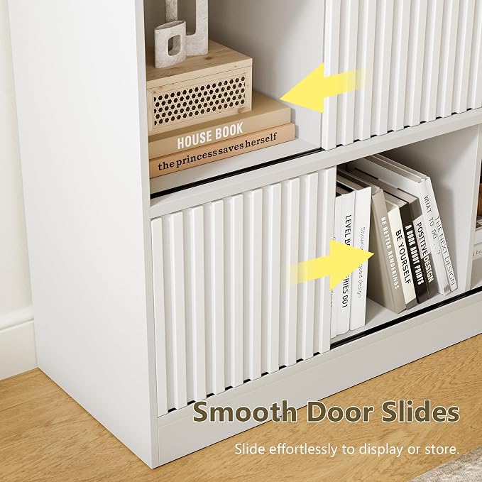 iPormis 12 Cube Bookcase with 6 Fluted Sliding Doors, 3 Tier Wooden Bookshelf - Image 5
