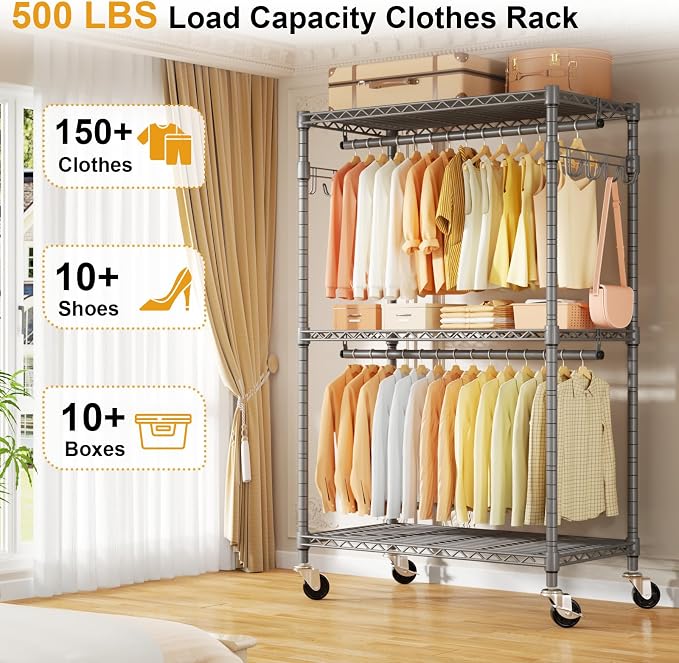 P1 Rolling Clothing Rack with Lockable Wheels, Heavy-Duty Garment Rack - Image 2