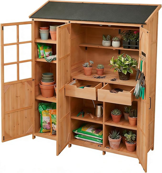 Merax Potting Bench with Waterproof Roof, Patio Garden Shed with 3 Doors - Image 6