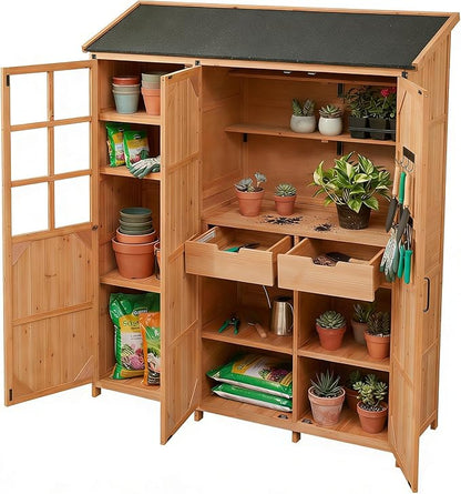 Merax Potting Bench with Waterproof Roof, Patio Garden Shed with 3 Doors - Image 6