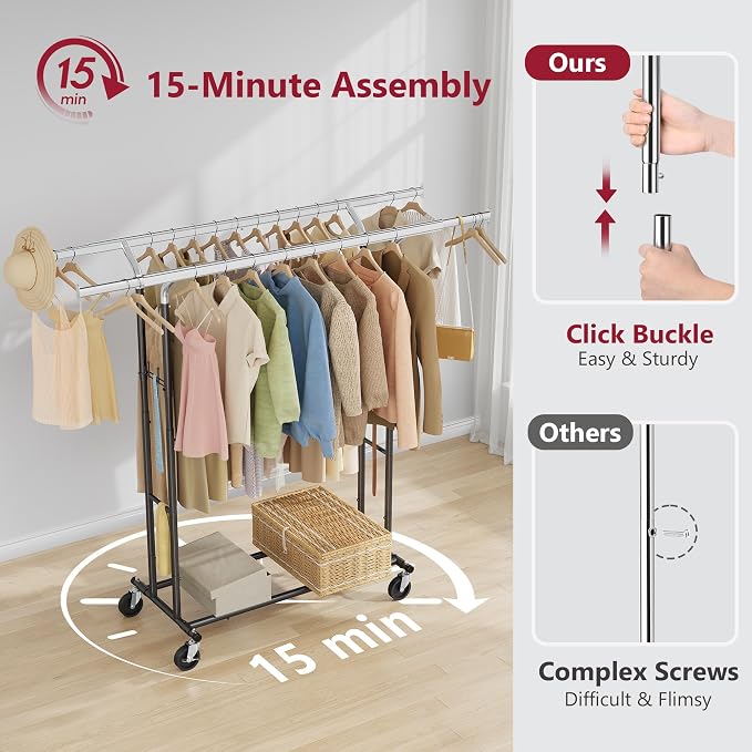 Tajsoon Double Rod Clothes Rack Load 480 LBS, Heavy Duty Rolling Garment Rack - Image 5