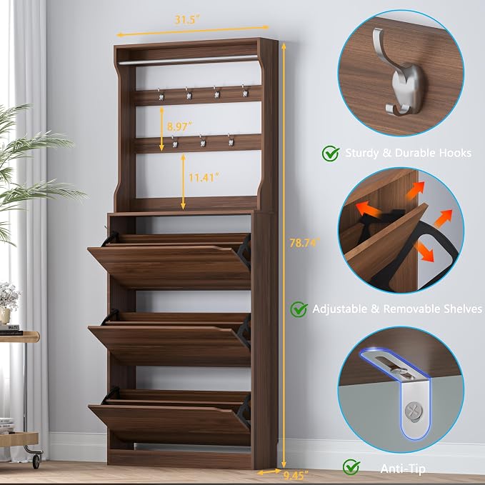 BORNOON Shoe Cabinet with 3 Flip Drawers & Coat Rack, Narrow Hidden Shoe - Image 2