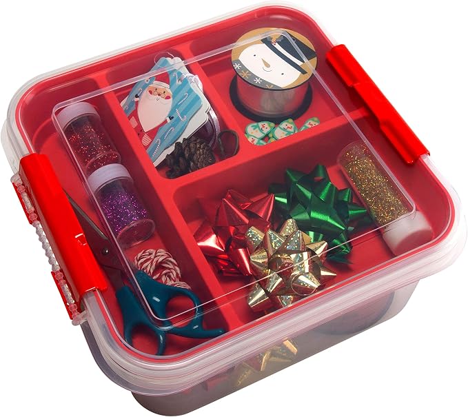 Simplify 5 Compartment Gift Supply Storage Box | 2 Tier Box | Red | Clear Top - Image 8
