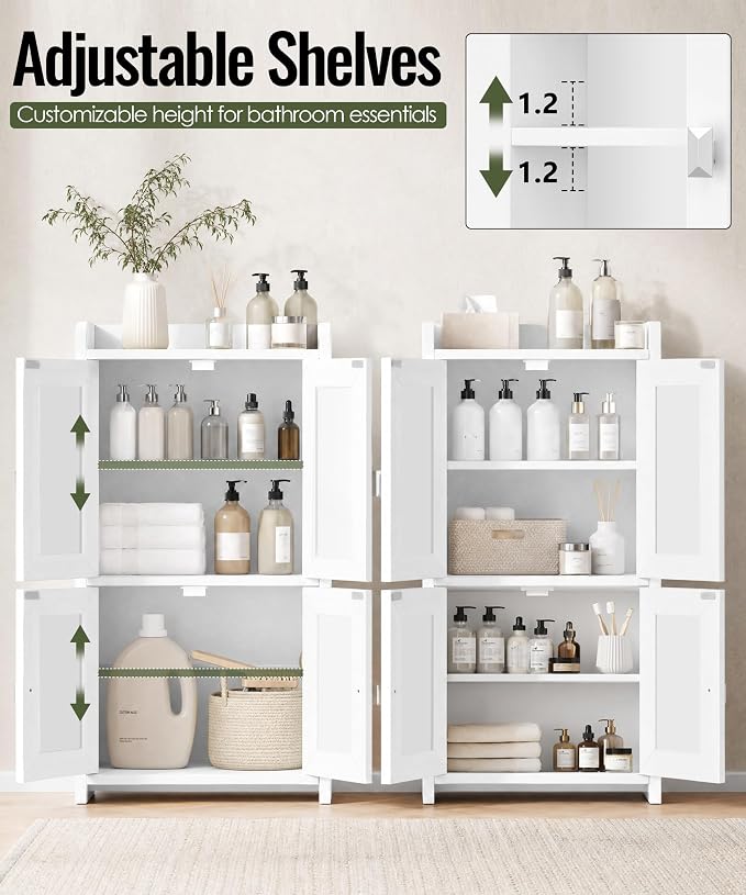 Akxomel 15" Rattan Small Bathroom Cabinet 4 Doors Adjustable Shelf White | - Image 4