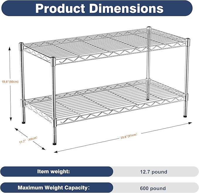 2-Tier Heavy Duty Metal Shelving Unit, Wire Shelf Rack - Image 3