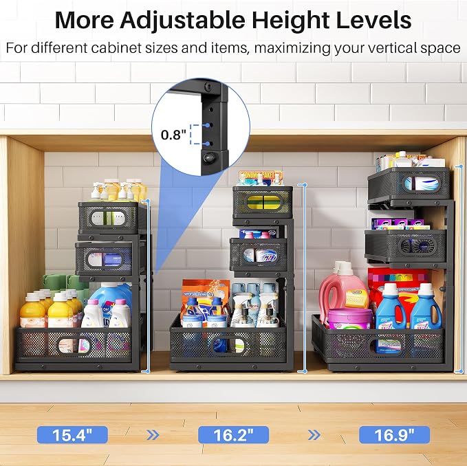 Under Sink Organizer, Height Adjustable Slide out Storage Drawer Rack - Image 8
