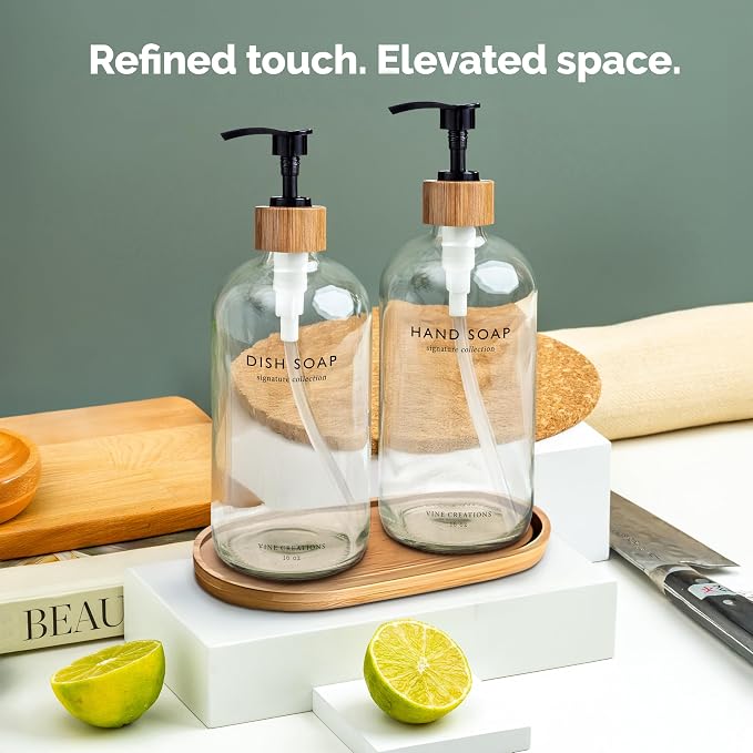 Vine Creations Clear Glass Soap Dispenser Set, Hand Soap and Dish Soap - Image 6
