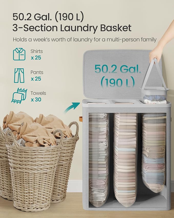 SONGMICS Laundry Basket, 50.2 Gal. Laundry Hamper, 3 Compartments, Easy Assembly - Image 4