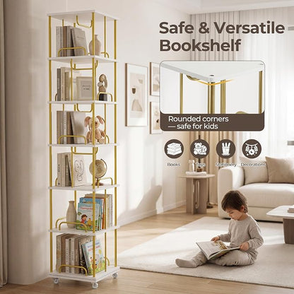 Rotating Bookshelf, 6 Tier Tall Spinning Skinny Book Shelf White | Gold Modern - Image 10