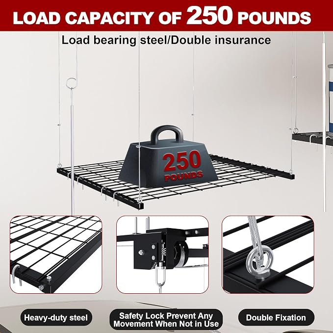 Overhead Garage Storage Rack 4x4 FT, Adjustable Ceiling Lift Storage System - Image 3