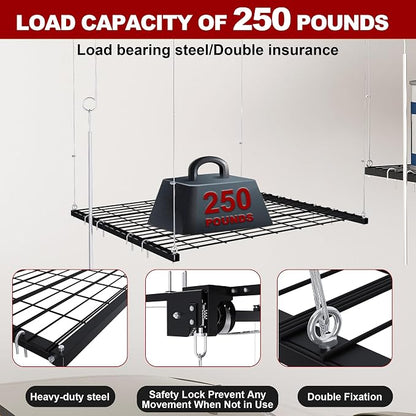 Overhead Garage Storage Rack 4x4 FT, Adjustable Ceiling Lift Storage System - Image 3