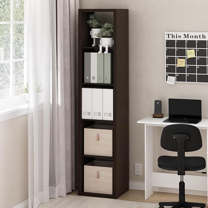 Furinno Cubicle 5-Cube Book Shelf, Extra Thick Frame Bookshelf, Dark Oak | - Image 2