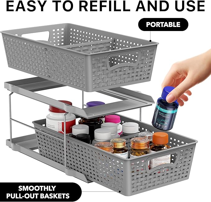 Simple Houseware 2 Tier Bathroom Organizer Tray Pull-Out Sliding Drawer - Image 3