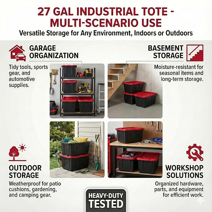 27 Gal Industrial Tote, 4 Pack Plastic Storage Bins - Image 4