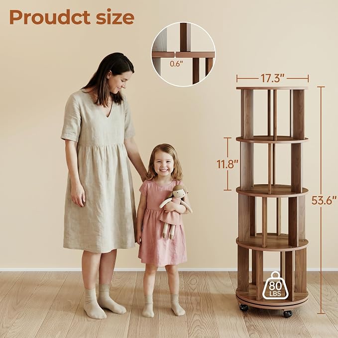 4-Tier Rotating Bookshelf on Wheels, 360° Spinning Bookshelf Tower, Round - Image 2