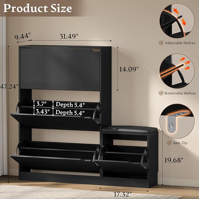 BORNOON Shoe Cabinet with Bench and 3 Flip Drawers, Slim Narrow Shoe Storage - Image 2