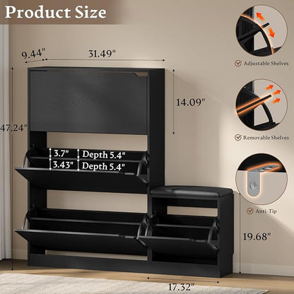 BORNOON Shoe Cabinet with Bench and 3 Flip Drawers, Slim Narrow Shoe Storage - Image 2