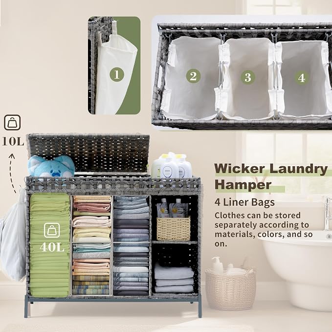 Laundry Hamper with Lid, 130L Rattan Laundry Hamper 3 Section with 50L Storage - Image 3