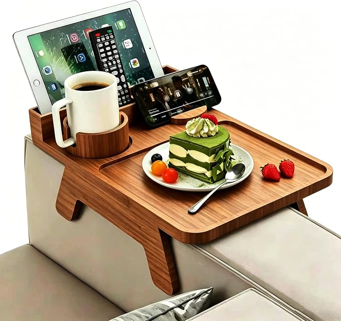 Bamboo Couch Arm Tray, with Cup Holder Phone Stand&Non-Slip | 100% side-pressed by Unknown