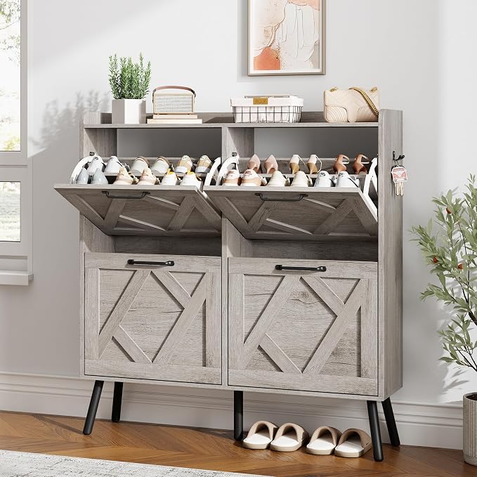 Nicetree Shoe Cabinet with 4 Flip Drawers, Freestanding Shoe Organizer Cabinet by Nicetree
