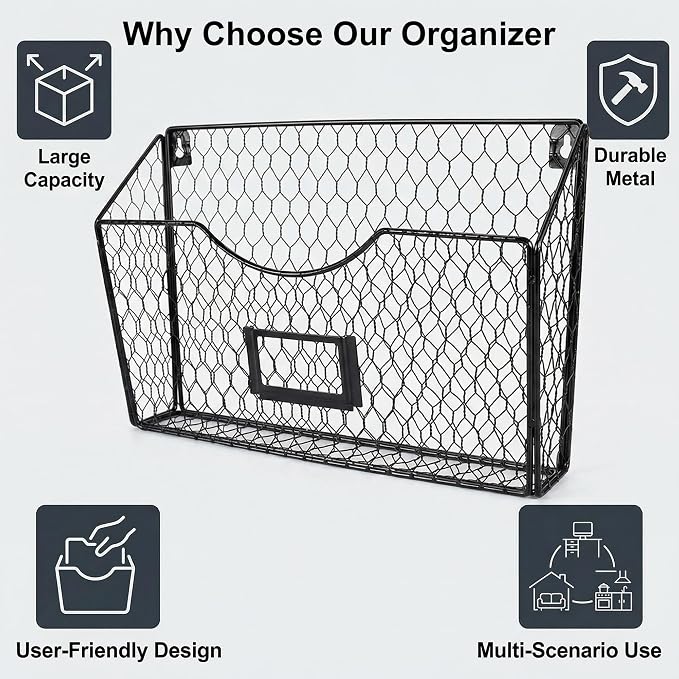 3 Pockets Hanging File Holder Wall Mount Mail Organizer Metal Chicken Wire - Image 3