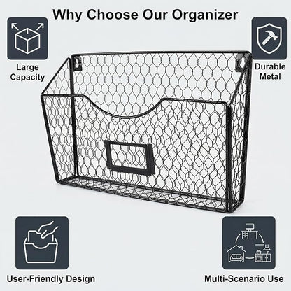 3 Pockets Hanging File Holder Wall Mount Mail Organizer Metal Chicken Wire - Image 3