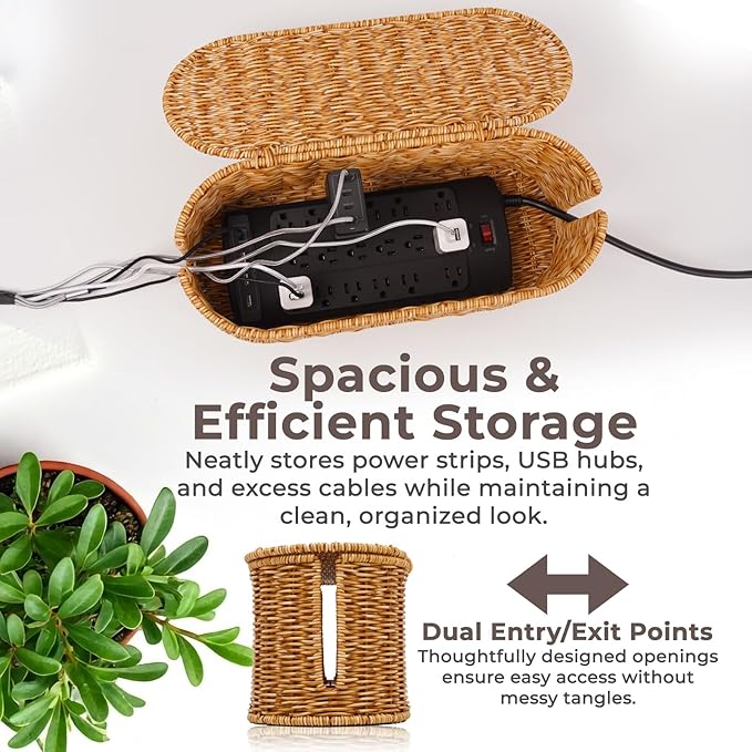 Cable Management Box, Handmade Rattan Cable Organizer, 2 Open Slots Cords Hider - Image 7