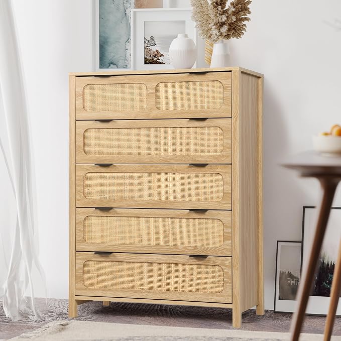 LEVNARY 5 Drawer Chest Dresser, Rattan Tall Dresser 5 Chest of Drawers Dressers - Image 6