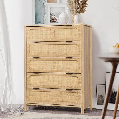 LEVNARY 5 Drawer Chest Dresser, Rattan Tall Dresser 5 Chest of Drawers Dressers - Image 6