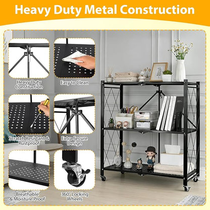3 Tier Folding Shelf with Wheels, Foldable Metal Shelving Unit, No Assembly - Image 3