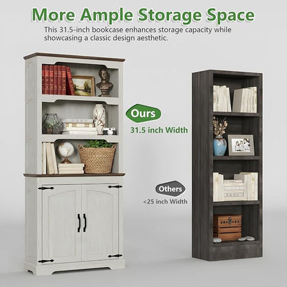 70 Inch Farmhouse Bookcase, Distressed White and Walnut Two-Tone Shelves - Image 4