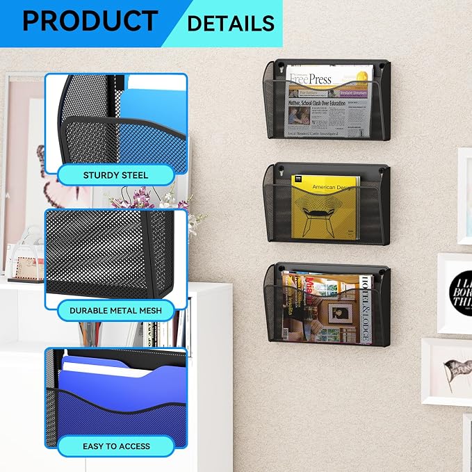 3 Single Pocket Wall File Holder, Mesh Hanging File Folder Paper Organizer - Image 4