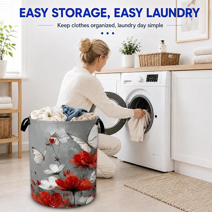 Red Flower Butterfly Laundry Basket, Foldable Oxford Cloth Funny Tote Bag - Image 6
