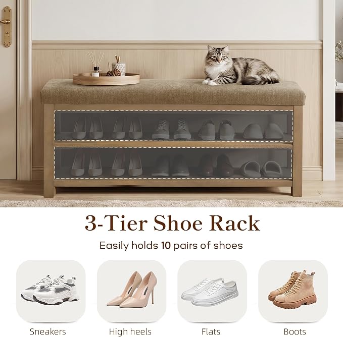 Zihanhome Shoe Rack Bench with Cushion, 2 Tier Solid Wood Storage Bench - Image 6