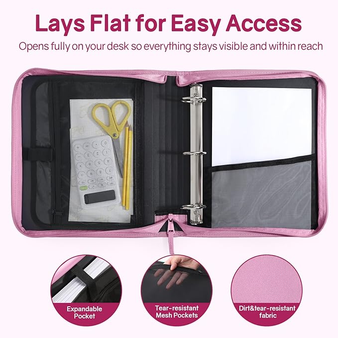 SUNEE Zippered Binder Bag with Handle, 2-Inch 3-Ring O-Ring, 500-Sheet Capacity - Image 4