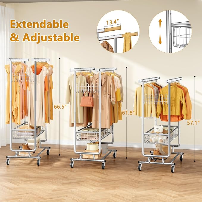 Heavy Duty Clothes Rack with Metal Basket, 720 LBS Rolling Double Rod Garment - Image 4