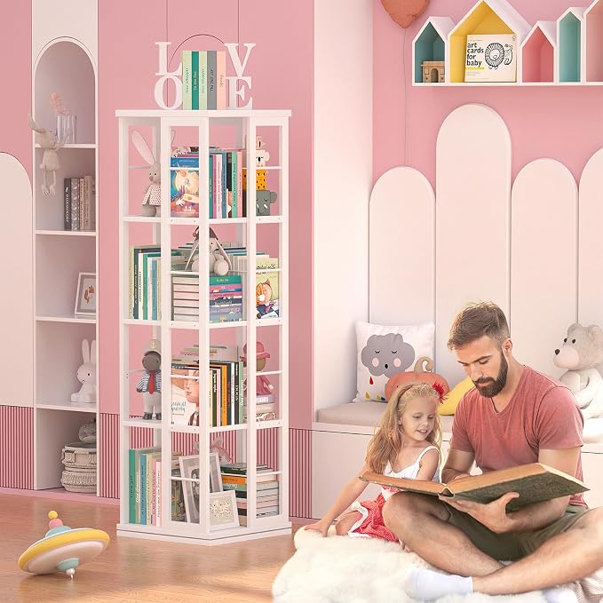 Aheaplus Rotating Bookshelf, 4-Tier Corner Bookshelf, 360 Display Wood Spinning - Image 5