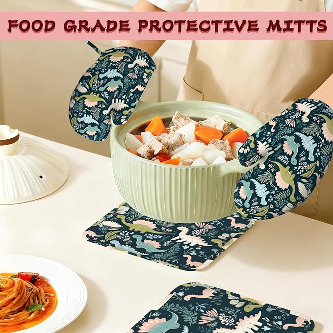 Cute Dinosaur Heat-Resistant Silicone Oven Mitts and Pot Holders 4 Piece Set - Image 7