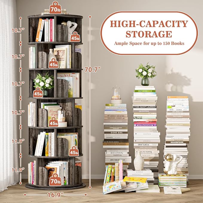 Aheaplus 6 Tier Rotating Bookshelf, Wood Spinning Bookshelf Tower, Round - Image 2