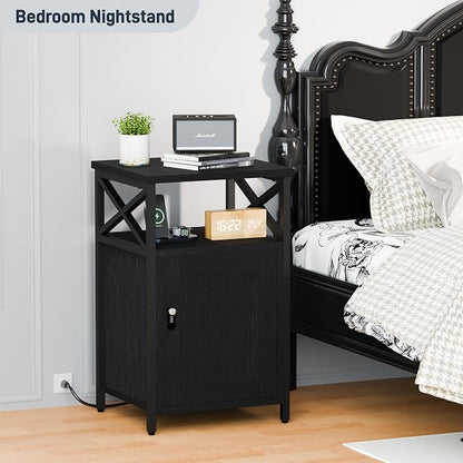 Night Stand Set 2 with Charging Station and Lock, Wooden Nightstands, Lockable - Image 2