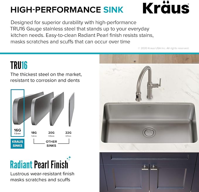 KRAUS Dex 33-inch Undermount 16 Gauge Stainless Steel Single Bowl Kitchen Sink - Image 4