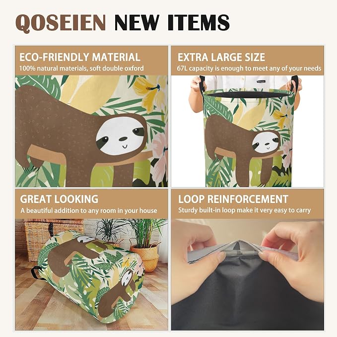 Laundry Hamper, Cute Funny Sloth Laundry Basket, Palm Leaf Waterproof Oxford - Image 2