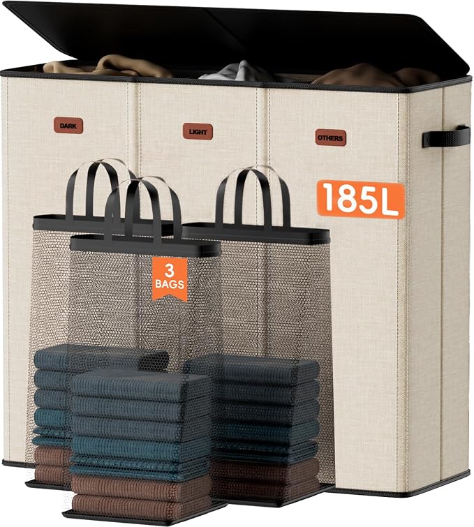 185L Laundry Hamper 3 Section, Laundry Hamper by Vexalora