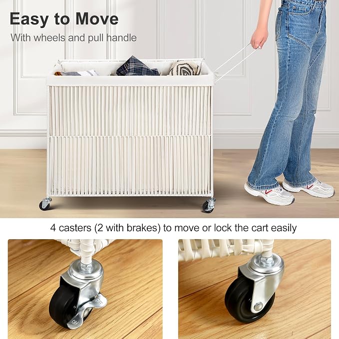 WOWLIVE Laundry Hamper with Wheels, 160L Handwoven Rolling Laundry Basket 3 - Image 6