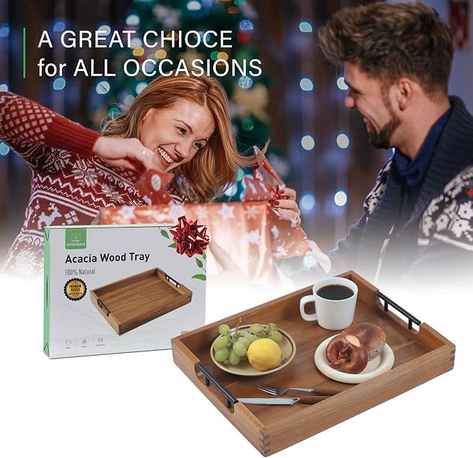 Joy&Grace Ottoman Tray for Living Room, Large Acacia Wooden Serving Tray - Image 7